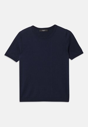 Mørkeblå T-shirt med korte ærmer, lavet af blødt stof, med rund halsudskæring og ribbede kanter, glat tekstur og uden synlige mønstre.