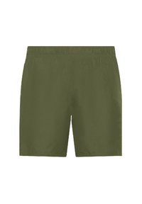 Pantaloni corti verde oliva con un elastico in vita, caratterizzati da una texture liscia e un design a taglio dritto, adatti per un abbigliamento casual.
