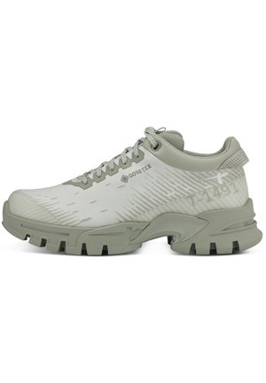 Light gray Gore-Tex outdoor sneaker with chunky sole, patterned upper, lace-up closure, and 141491 text detail on the side.