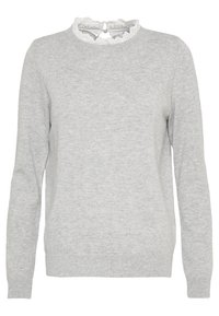 Pull léger gris à manches longues, en tricot texturé, avec un détail de col en dentelle blanche à l'arrière. Design simple en superposition.