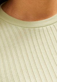 Jasnozielony sweter o prążkowanej strukturze z okrągłym dekoltem, teksturowanym materiałem i subtelnymi pionowymi paskami, podkreślający miękki i lekki design.