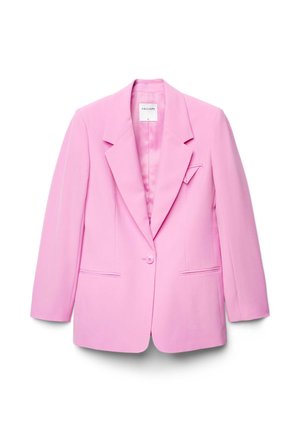Rosa Blazer aus glattem Stoff, mit einem Reverskragen, Ein-Knopf-Verschluss, zwei Fronttaschen und einer Brusttasche als Detail.