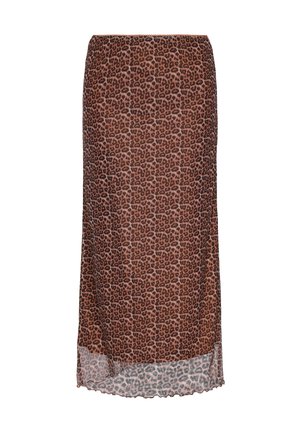 Raibumaiju midi svārki brūnā krāsā, izgatavoti no viegla auduma. Satur elastīgu vidukļa joslu un nedaudz caurspīdīgu apakšmalu.