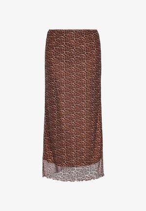 Falda midi con estampado de leopardo en marrón, hecha de tejido liviano. Presenta una cinturilla elástica y un dobladillo ligeramente transparente.