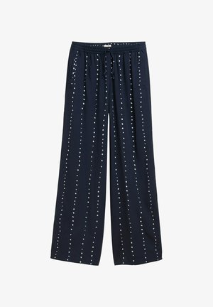 Pantaloni a gamba larga navy con vita regolabile con coulisse, caratterizzati da una texture liscia e da un motivo a pois bianchi disposti verticalmente.