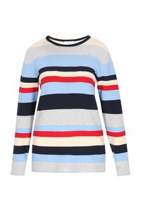 Stribet sweater med horisontale linjer i lyseblå, grå, marineblå, rød og creme. Rund halsudskæring og lange ærmer. Tekstureret stof.