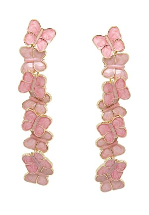 Pink butterfly-shaped earrings made of enamel with a glossy finish, featuring gold-tone accents and a textured surface.
