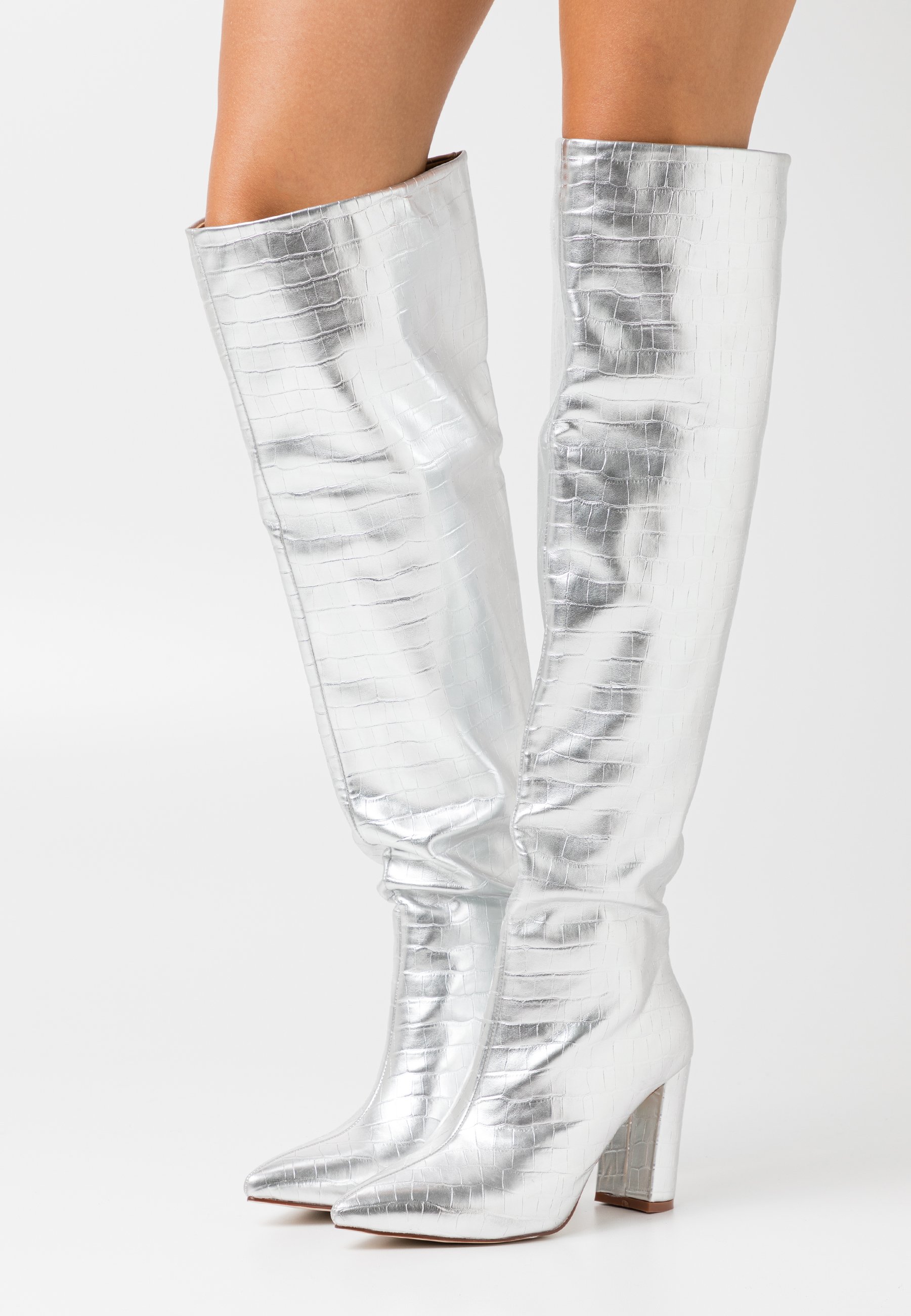 over the knee boots silver