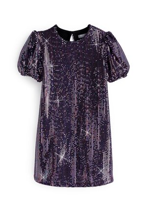 Lilla palietkjole med pufærmer, rund halsudskæring og en nøglehulsåbning bagpå. Glitrende palietter skaber en reflekterende og struktureret overflade.