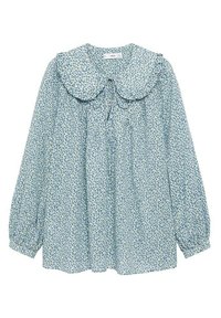 Himmelbluse mit großem, rundem Kragen, langen Ärmeln und einem floralen Muster mit kleinen blauen und grünen Blumen auf einem hellen Hintergrund.