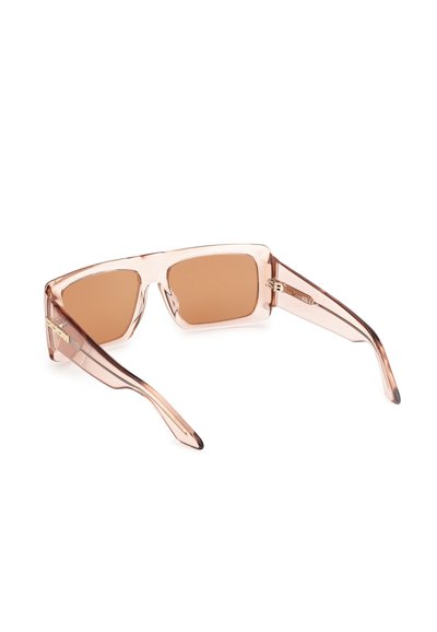 Sunglasses with a transparent pink frame and brown lenses. Square shape, featuring slender arms and a textured detail on the sides.