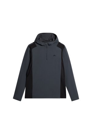 Donkergrauwe pullover hoodie met zwarte accenten. Voorzien van een halve rits aan de voorkant, lange mouwen en een capuchon met trekkoord. Glad, lichtgewicht stof.