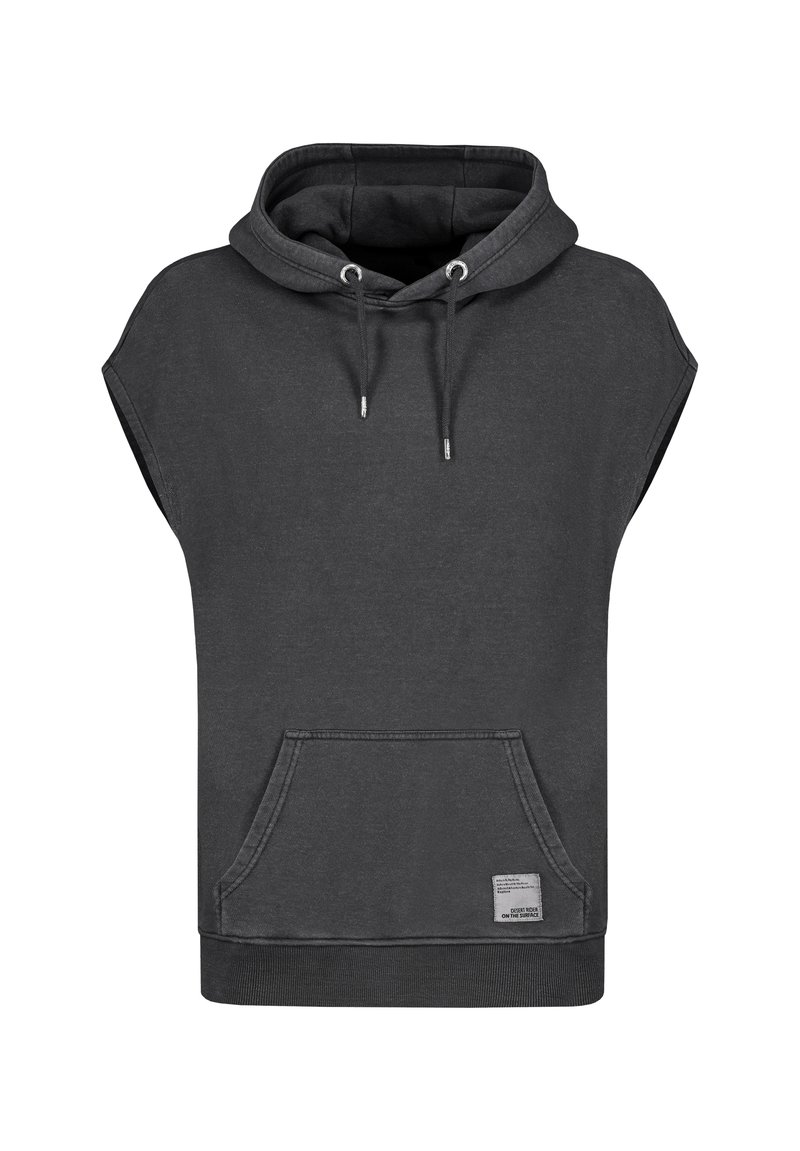 Dunkelgrauer, ärmelloser Hoodie aus Baumwollmischung. Verfügt über eine Fronttasche, eine Kapuze mit Kordelzug und einen gerippten Saum. Glatte Textur mit minimalistischem Design.