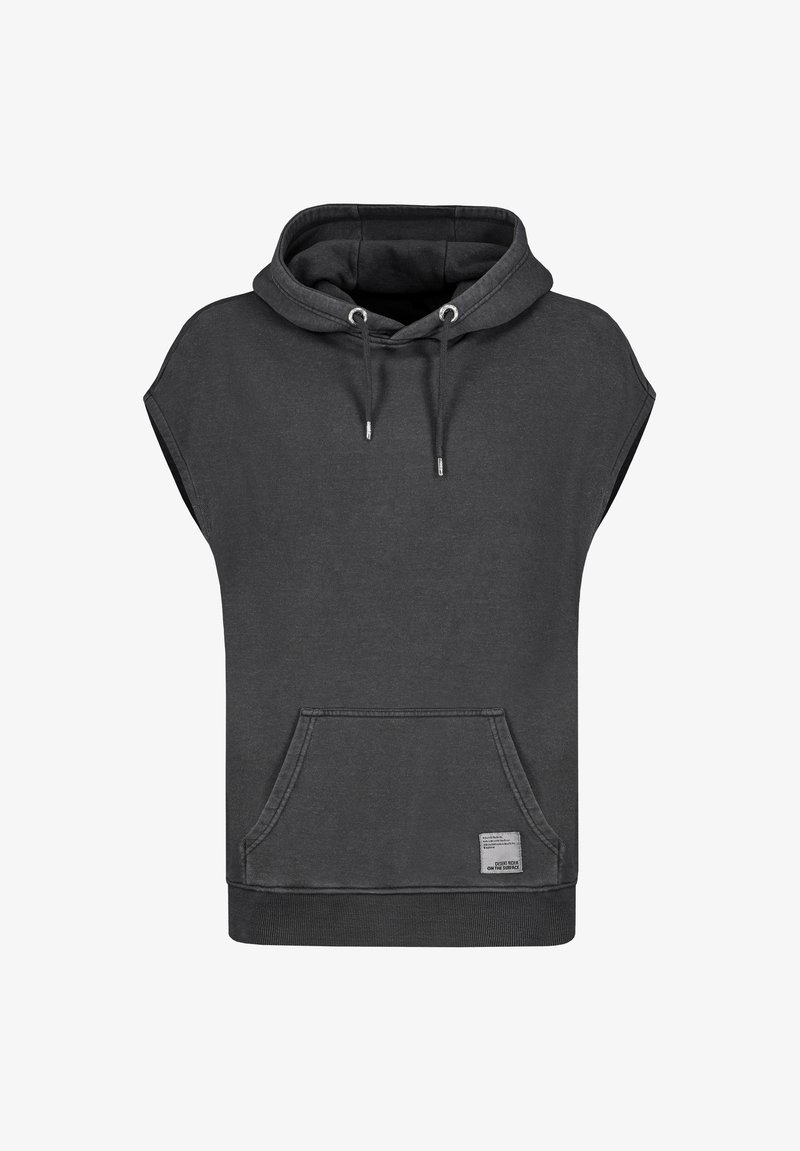 Dunkelgrauer, ärmelloser Hoodie aus Baumwollmischung. Verfügt über eine Fronttasche, eine Kapuze mit Kordelzug und einen gerippten Saum. Glatte Textur mit minimalistischem Design.
