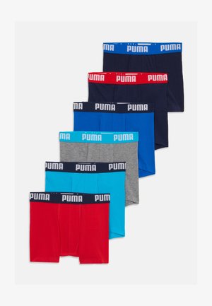 Sete pares de boxers, apresentando as cores: vermelho, cinza, marinho, azul, azul-claro, todos com um cós elástico com marca.