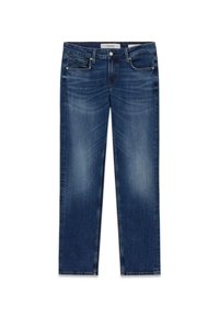 Jean droit bleu foncé avec poches avant, passants pour ceinture, fermeture par bouton et légère décoloration au niveau des cuisses et des genoux.
