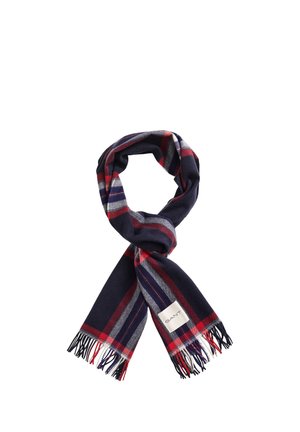 Écharpe bleu marine avec des rayures à carreaux rouge, gris et blanc, extrémités effilochées et une étiquette blanche.