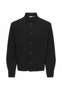 Black button-up shirt made of soft fabric, featuring a classic collar, six buttons, and a single chest pocket with a square shape.