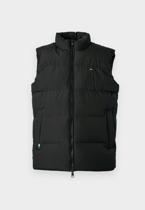 Black padded sleeveless vest with high collar, front zipper, and two side pockets, displayed on a plain white background.