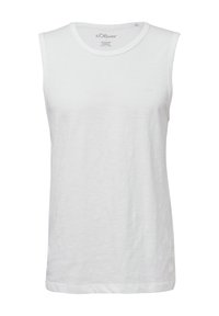 Witte mouwloze t-shirt van zacht katoen. Heeft een ronde halslijn en een subtiele logo op de borst. Klassieke pasvorm zonder patronen.