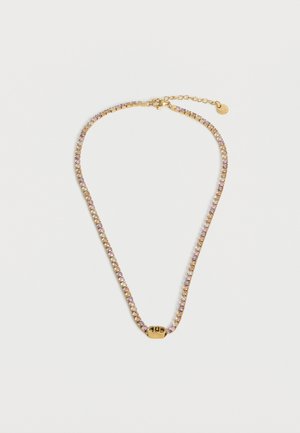 Gold chain necklace with alternating pink and clear stones and a gold clasp with an adjustable extension chain.