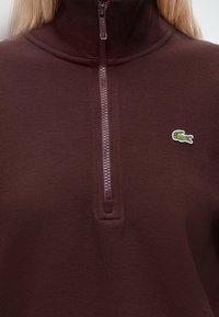 Gros plan d'une personne portant un haut marron zippé avec un col montant et un petit logo crocodile vert sur la poitrine.