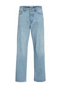 Niebieskie dżinsy o prostych nogawkach z jasnego denimu, z zapięciem na guzik i zamek błyskawiczny, kieszeniami z przodu i z tyłu oraz szlufkami na pasek.