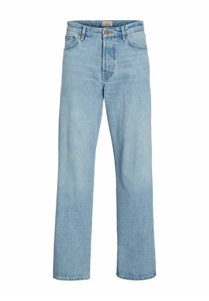 Blugi din denim albastru deschis, cu croială dreptă, închidere cu nasture și fermoar, buzunare în față și în spate, și cu șlițuri pentru curea.