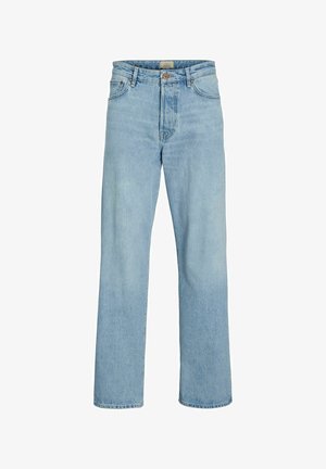 Blugi din denim albastru deschis, cu croială dreptă, închidere cu nasture și fermoar, buzunare în față și în spate, și cu șlițuri pentru curea.