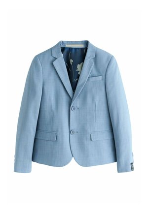 Light blue blazer with a structured design, two buttons, notched lapels, and a floral-patterned interior lining. Features side pockets.