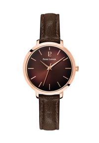 Montre ronde avec un cadran dégradé marron, des index et aiguilles dorés. Bracelet en cuir marron avec une finition texture. Logo de la marque affiché.