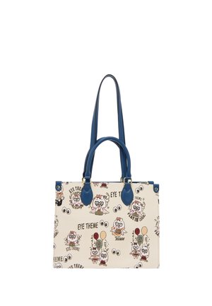 Geantă tote crem cu mânere albastre și curea de umăr, decorată cu fețe de bufniță desenate, ochi și expresii precum "EYE THEME" și "Mouse".