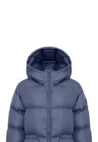 Donsjack in een diepe blauwe kleur, voorzien van een capuchon, doorgestikte textuur, ritssluiting aan de voorkant en een gebrandmerkte patch op de mouw.