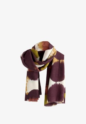 Écharpe en mélange de laine avec un motif circulaire violet, blanc et vert, aux bords frangés et à la texture douce.