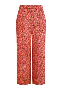 Red floral patterned wide-leg pants with a high waist. Fabric features flowers in orange and white against a red background.