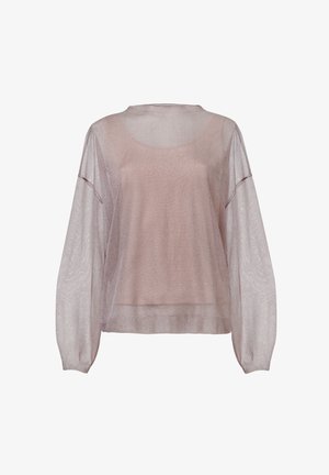 Top de manga larga transparente en rosa claro con escote redondo y tejido texturizado. Presenta un sutil brillo y un diseño holgado.