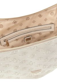 Borsa a tracolla beige con motivo, con esterno testurizzato, accessori in oro e chiusura con cerniera. L'interno presenta una fodera con logo stampato e una tasca.