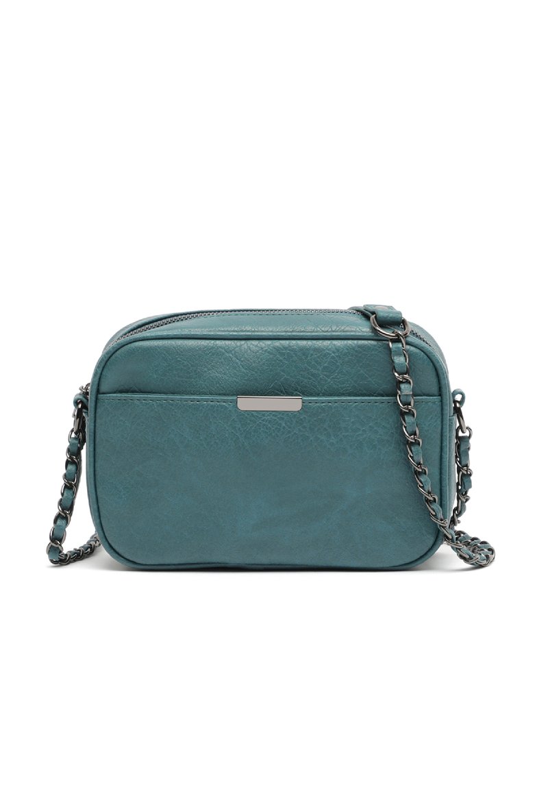 Borsa a tracolla in pelle teal con chiusura a zip, superficie testurizzata, forma rettangolare e tracolla a catena. Presenta una tasca frontale con un accento metallico.