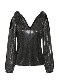 Top nero con paillettes e scollo a V profondo, maniche a sbuffo e silhouette aderente. Presenta motivi quadrati lucidi e una finitura testurizzata.