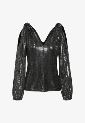 Čierny top so zlatými flitrami, hlbokým výstrihom do V, vypuklými rukávmi a priliehavým strihom. Obsahuje lesklé štvorcové vzory a textúrovaný povrch.