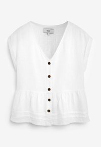 White linen blouse with a V-neck, short sleeves, and five brown wooden buttons. Features a lightly gathered hem and textured fabric.