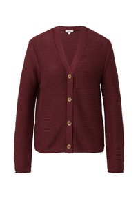 Cárdigan de punto burdeos con escote en V, que presenta seis botones de madera en el frente y puños y dobladillo de canalé. Tejido texturizado.