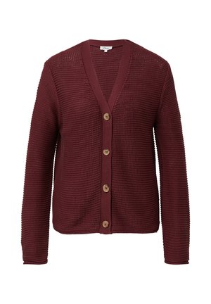 Bordowy sweter z dzianiny z dekoltem w serek, z sześcioma drewnianymi guzikami z przodu oraz ściągaczami przy mankietach i dolnym brzegu. Teksturowana tkanina.