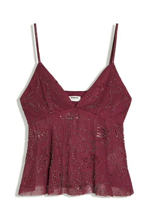 Bershka Beaded Mesh strappy top · rosso scuro