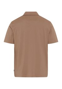 Polo a maniche corte in un color taupe uniforme, realizzato in tessuto morbido, con colletto classico e orlo dritto senza decorazioni.