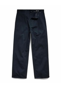 Navyblauwe katoenen broek met een rechte pijp, voorkantzakken en een rits met knoopsluiting. Minimalistische stijl met subtiele stiksels.