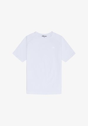 Valge lühikeste varrukatega ümar kaelusega T-särk, millel on vasakul rinnal väike peen logo ja krae siseküljel "ellesse" kaubamärgi nimi.