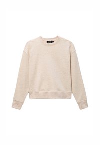 Sweatshirt beige clair avec un col rond, des manches longues et un design légèrement court. Texturé avec des éclats harmonieux.