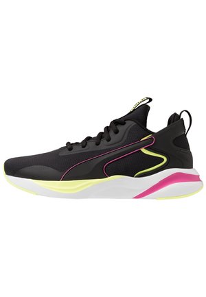 Schwarze sportliche Sneakers mit Mesh-Obermaterial, rosa und grünen Akzenten, Zwischensohle mit dicker weißer Dämpfung und strukturiertem Gummi-Außensohle.