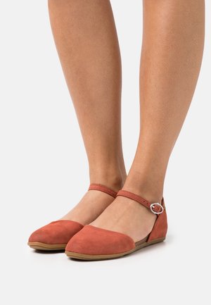 Piedi che indossano ballerine in suede color ruggine con cinturini alla caviglia e fibbie argentate, presentate su uno sfondo bianco semplice.